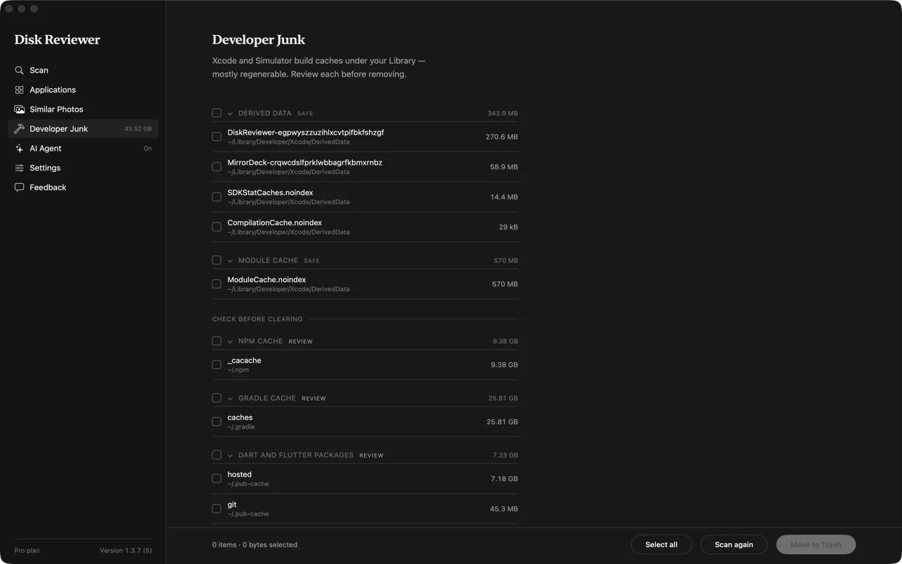 Developer Junk view: build caches, package caches and simulators grouped by category